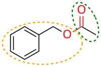 Бензил ацетат имеет эфирную функциональную группу (показано красным),
			ацетильную группу (зеленая) и бензильную группу (желтая).